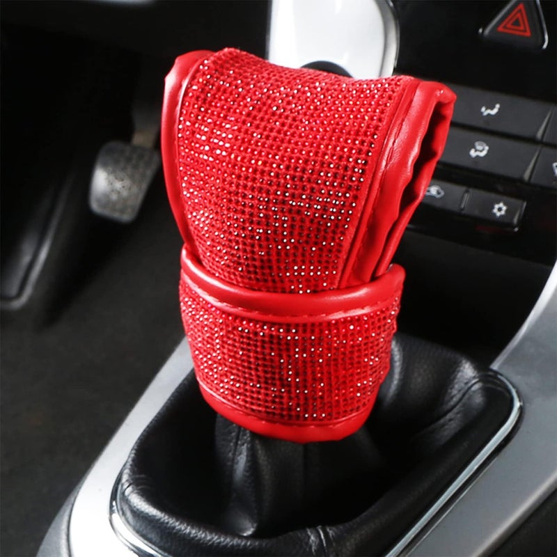 SPANICE Bling Bling Auto Shift Gear Cover, Leather Auto Gear Shift Knob Cover with Crystal Glitter Bling Rhinestones for Girls,Lady Universal Fit (Red) - Image 4